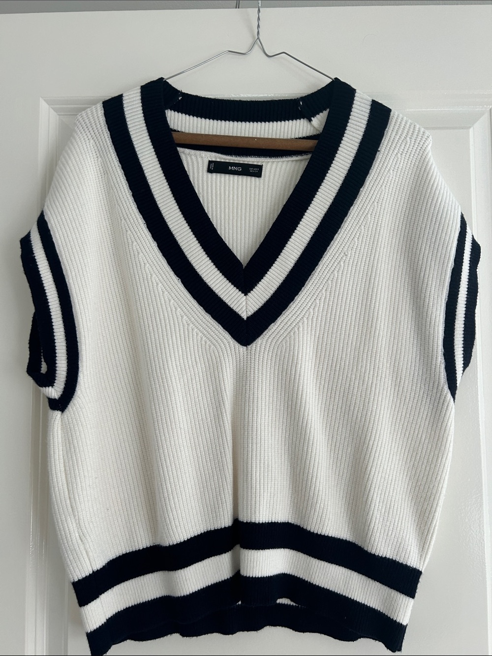 Mango Cream V-Neck Knit Sweater Vest with Black Trim